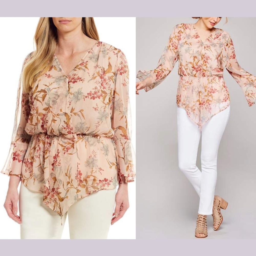 Vince Camuto‎ [ XXL ] Long Sleeve Floral Flutter Cinched Waist Blouse